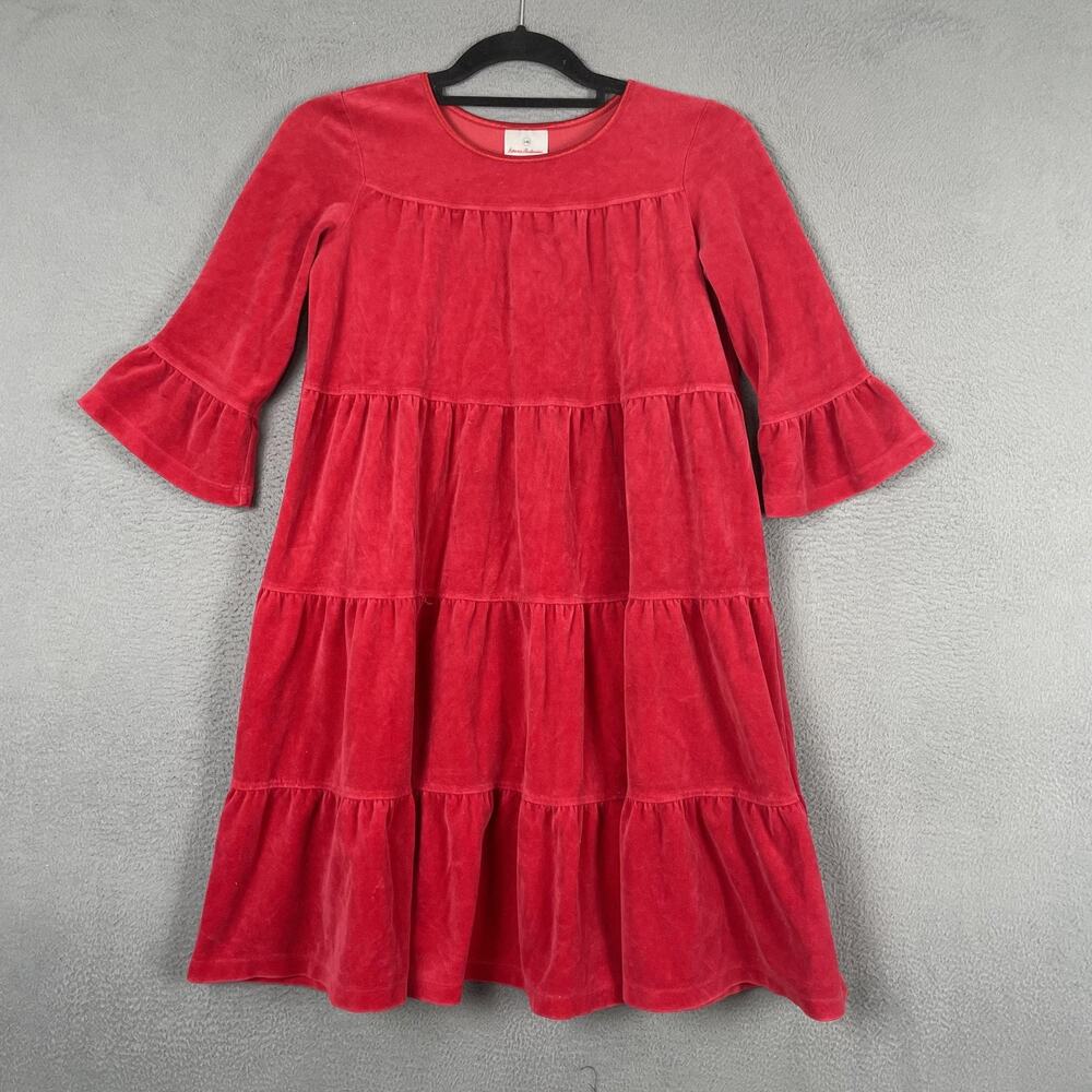 Hanna Andersson Dress Girls 10 Red Velour Tiered Bell Sleeve Swing Knee Length